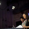 Two Klein broadcasting students being filmed presenting the news